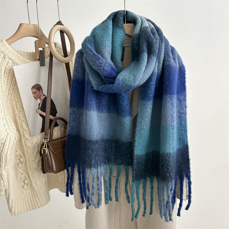 Harajuku-Inspired Mohair Plaid Scarf with Tassels