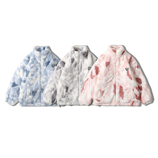 Trendy Tie Dye Stand Up Collar Plush Jacket