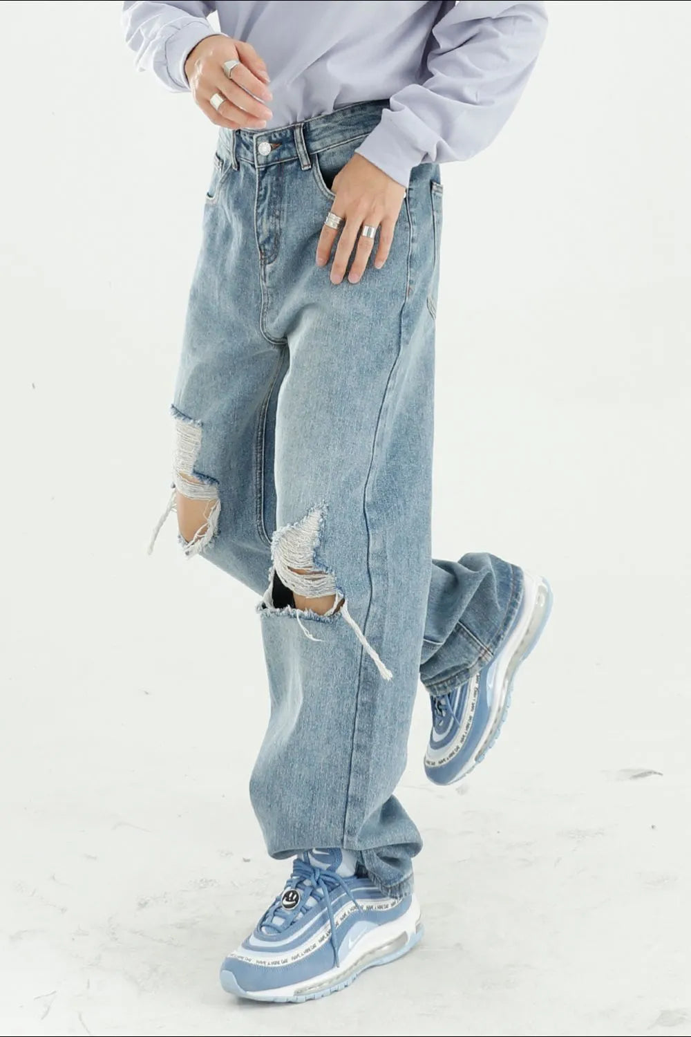 Playful Distressed Wide Leg Jeans with Pockets