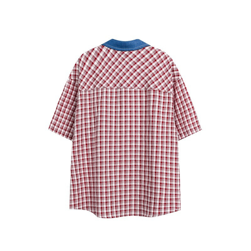 Splicing Denim Collar Patch Pocket Checkered Shirt