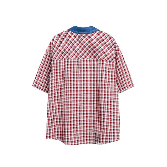 Splicing Denim Collar Patch Pocket Checkered Shirt