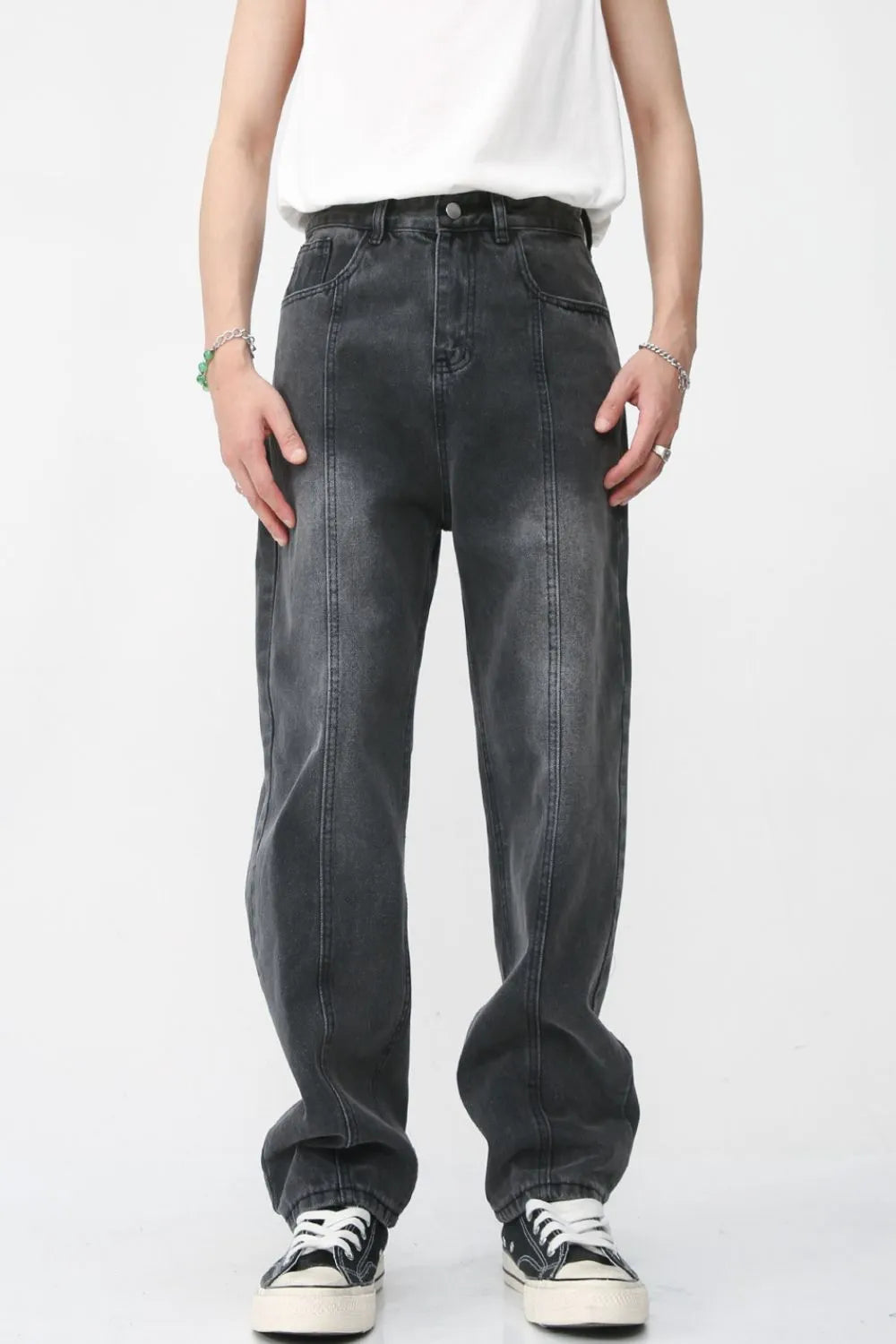 Men's Harajuku Washed Splicing Straight Leg Jeans