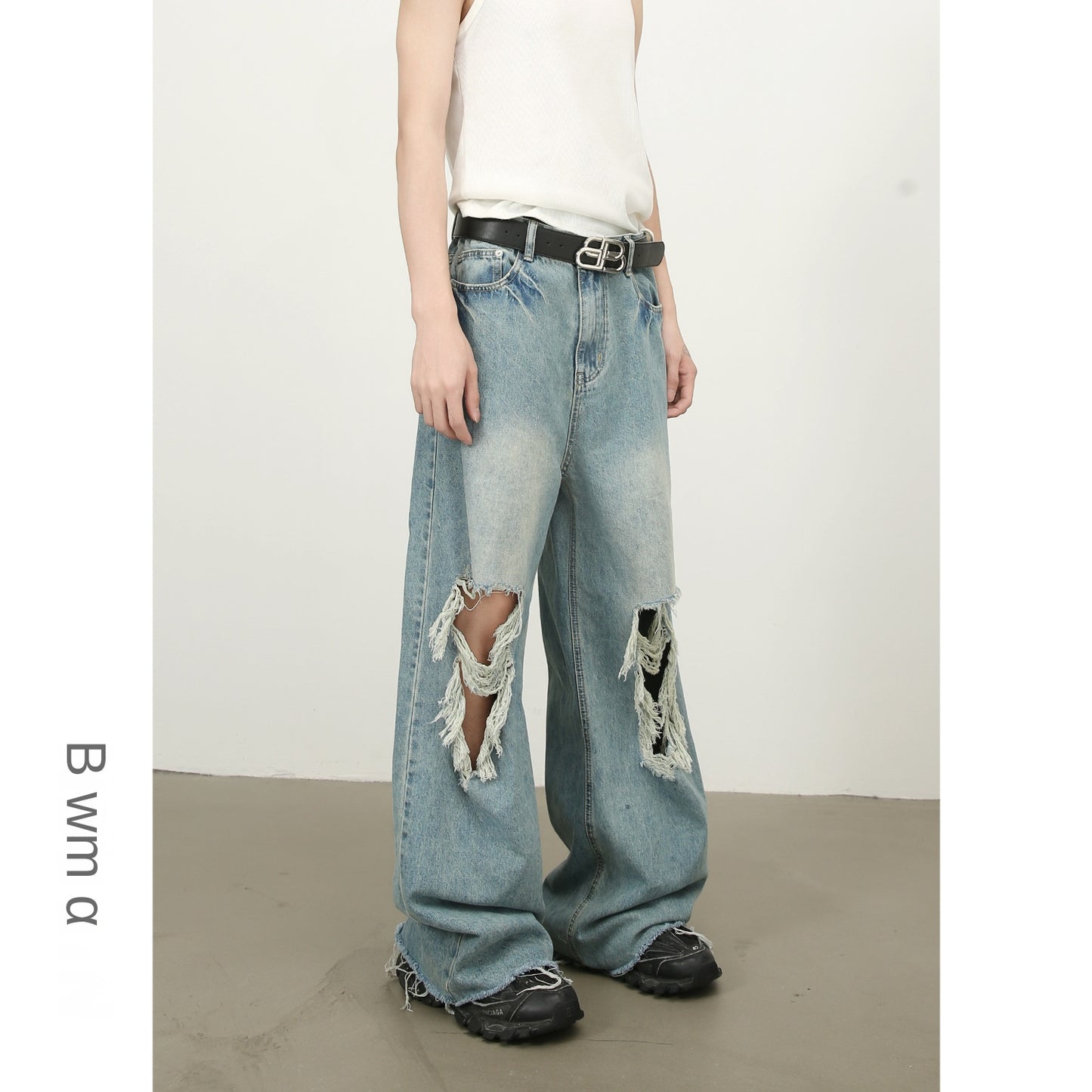 Harajuku Style Distressed Fringe Wide Leg Jeans for Men