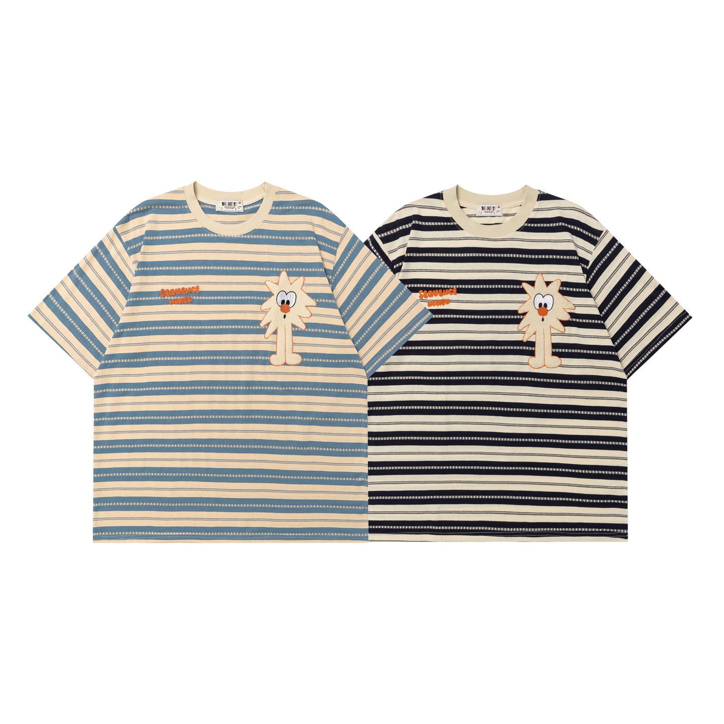 Playful Cartoon Striped Short Sleeve T-Shirt