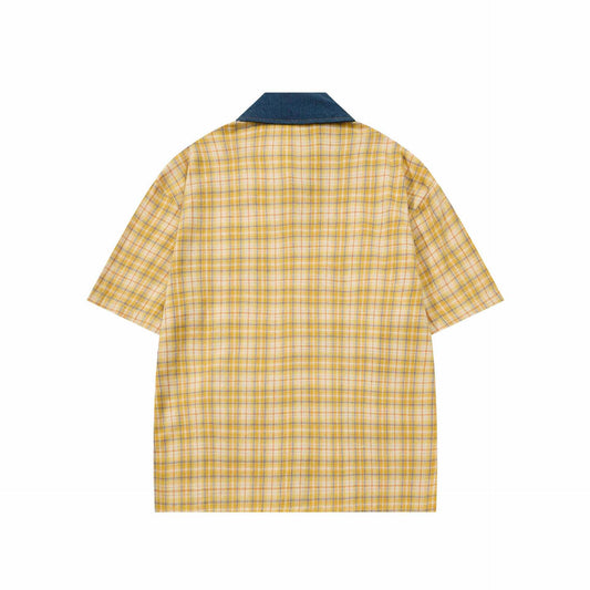 Cat Embroidered Yellow Grid Short Sleeve — Harajuku Style Cotton Tee