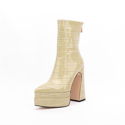 Women's Stone Pattern Thick High-Heeled Ankle Boots with Thick Soles