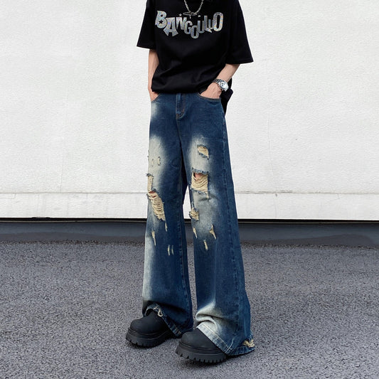 Ripped Blue Denim Loose Straight Pants - Harajuku Style