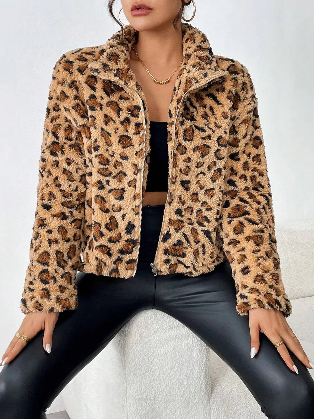 Turtleneck Leopard Zip Up Jacket