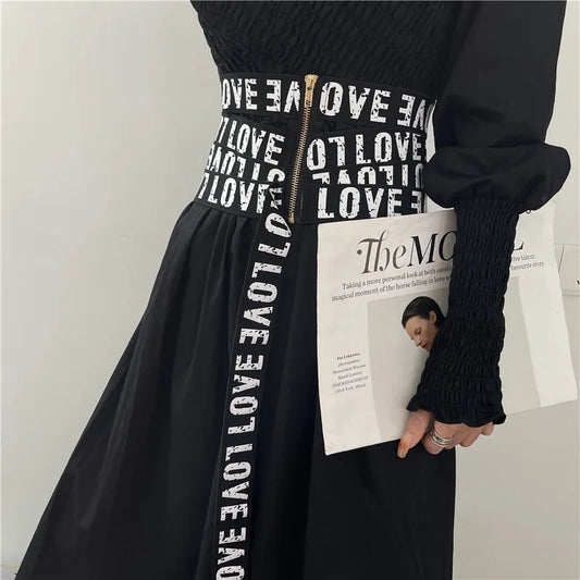 Harajuku Style Letter Printed Black Cummerbund Belt