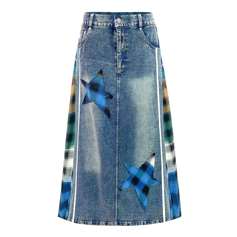 Retro Plaid High Waisted Denim Skirt - Harajuku Style
