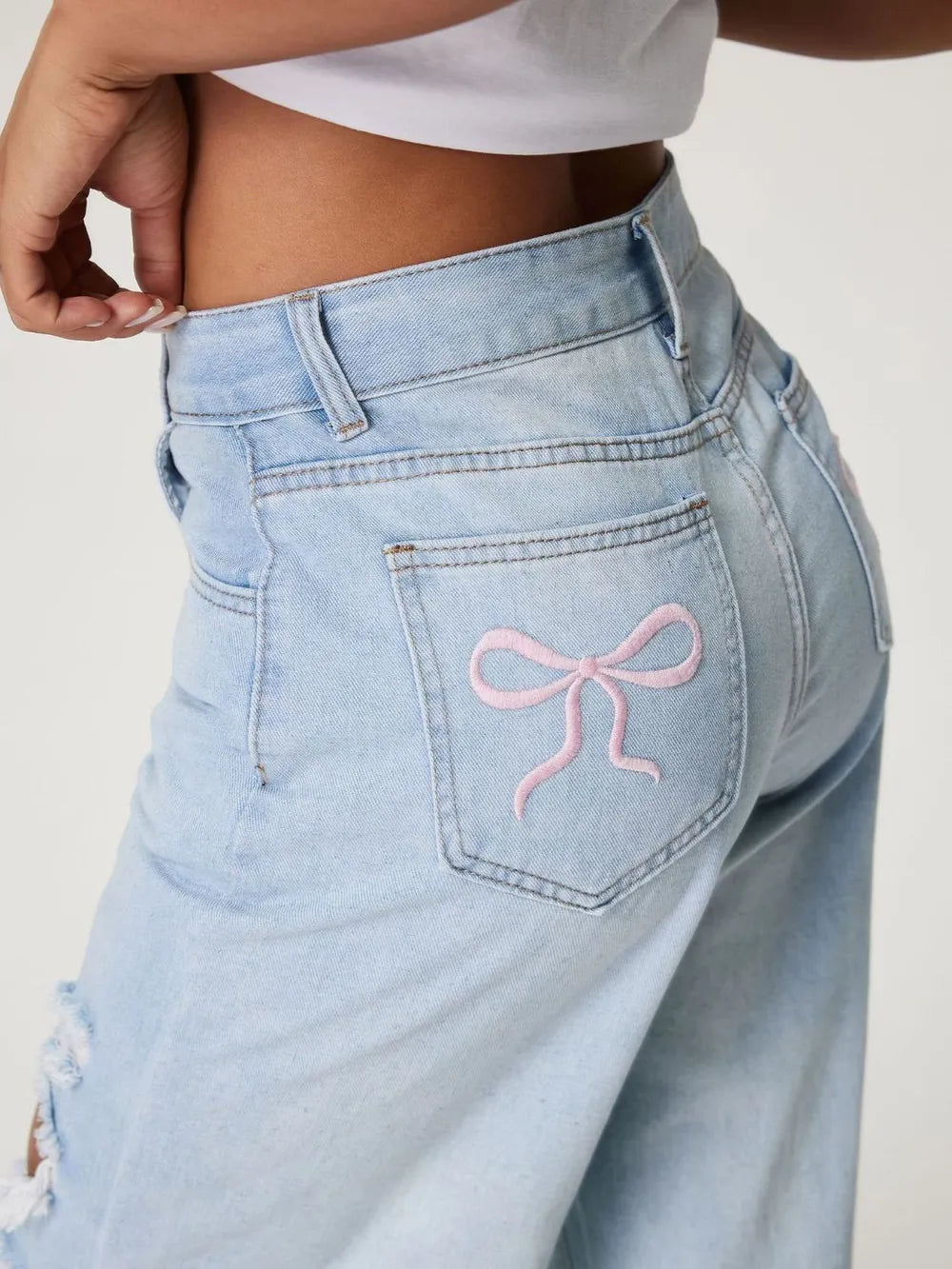 Distressed Wide Leg Jeans with Pockets - Harajuku Style