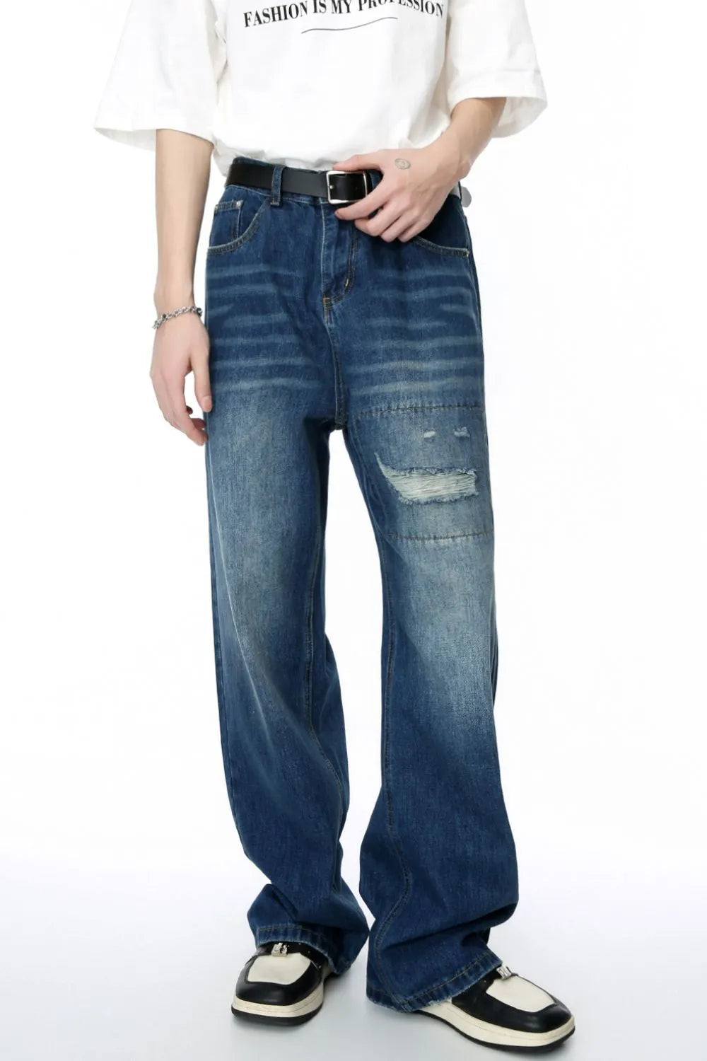 Men's Distressed Applique Straight Jeans - Harajuku Style