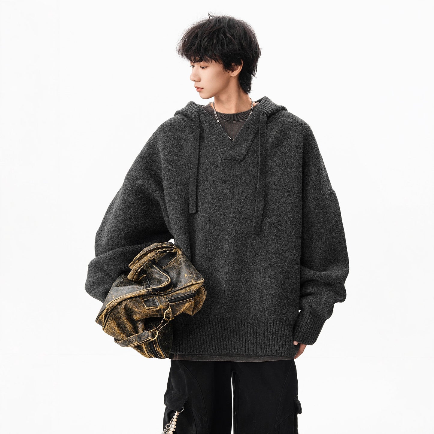 Classic V-neck Hooded Sweater for Men - Versatile Casual Knitwear Jacket