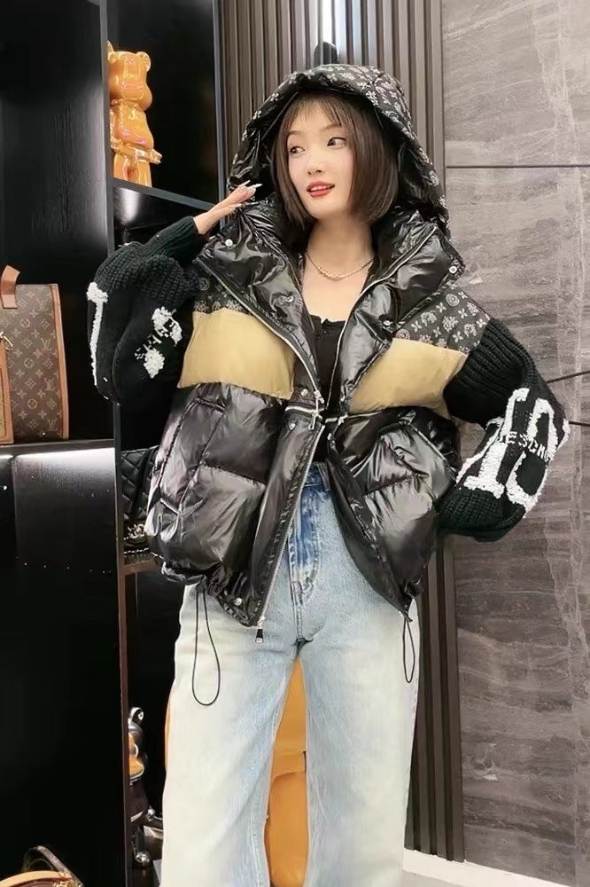 Denim Patchwork Hooded Down Jacket for Women with Knitted Sleeves and Floral Letters