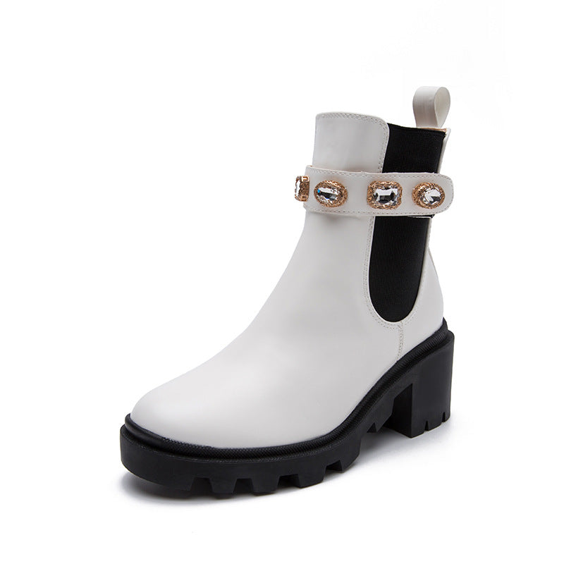 Rhinestone Round Head Mid-Thigh Elastic Boots for Women