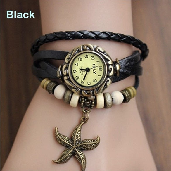 Lady Starfish Retro Bracelet Watch - Genuine Leather Wrap