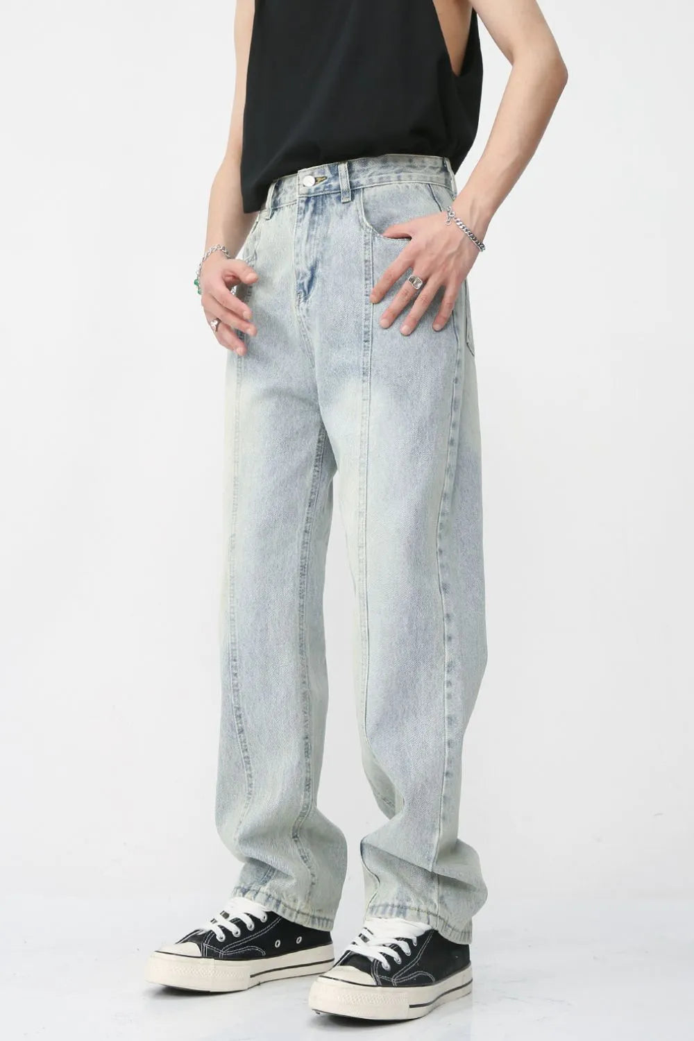 Men's Harajuku Washed Splicing Straight Leg Jeans
