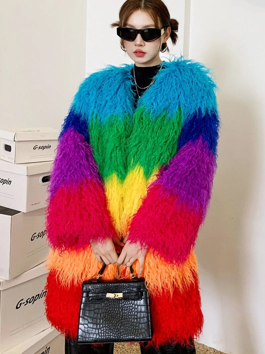 Niche Rainbow Faux Fur Coat - Harajuku Style Outerwear