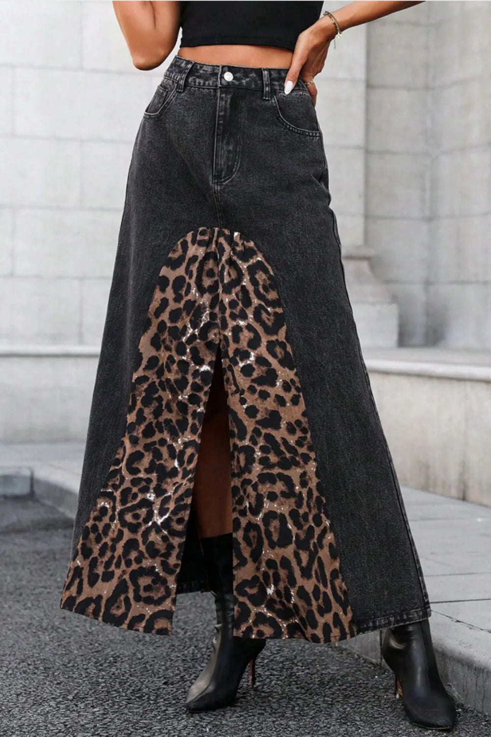 Versatile Leopard Print Denim Skirt - Harajuku Style