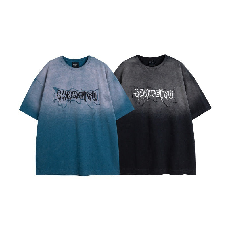 Harajuku Style Washed Gradient Letter Embroidered T-Shirt