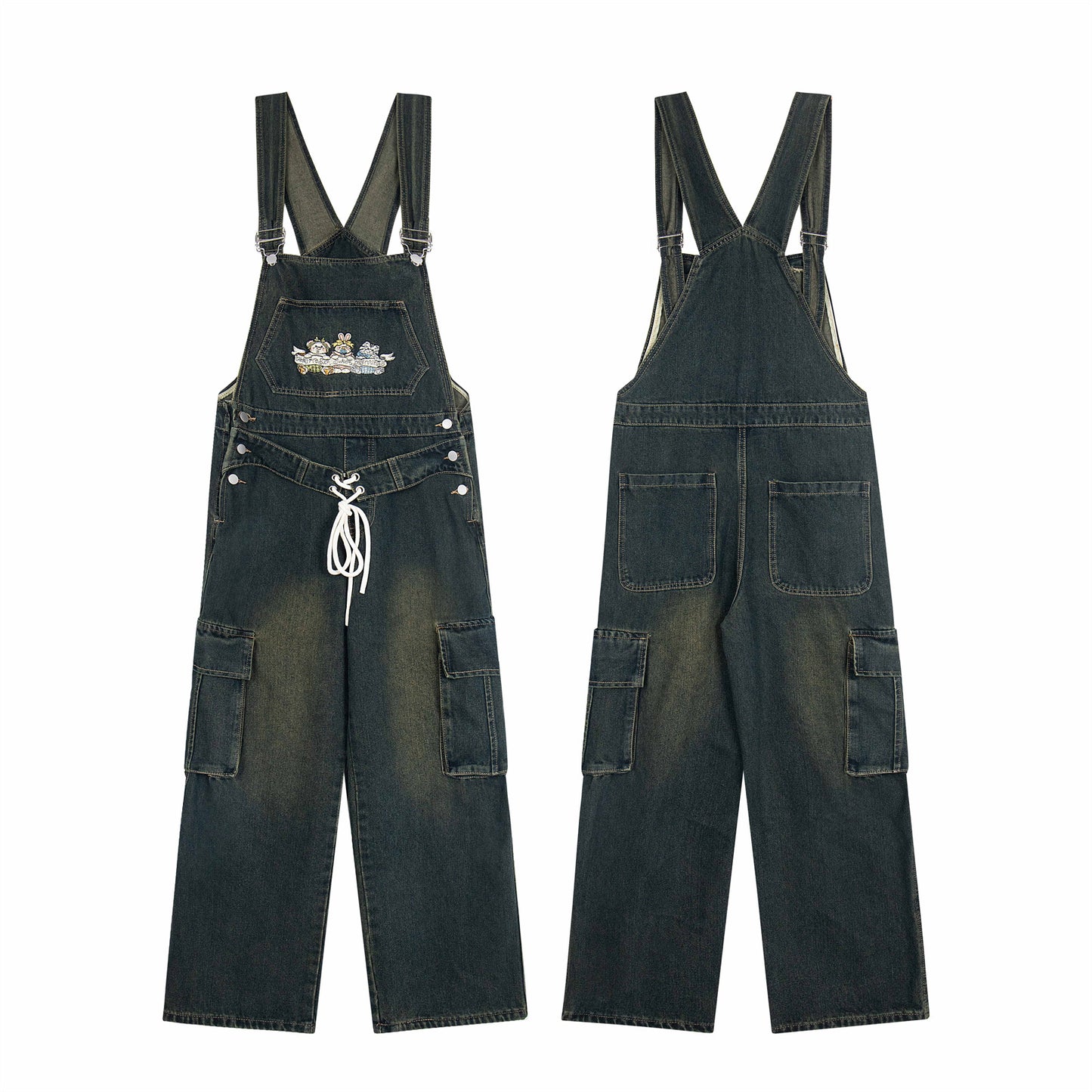 Harajuku Style Cartoon Embroidery Workwear Denim Overalls