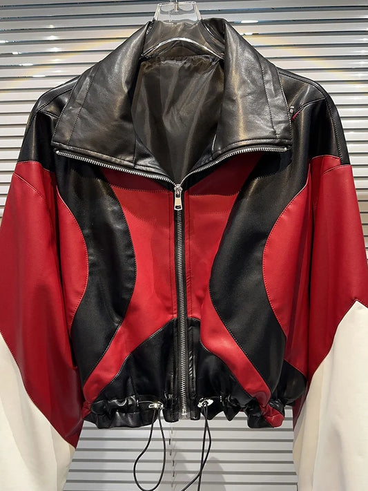 Women's Contrast Color Patchwork Motorcycle Leather Jacket