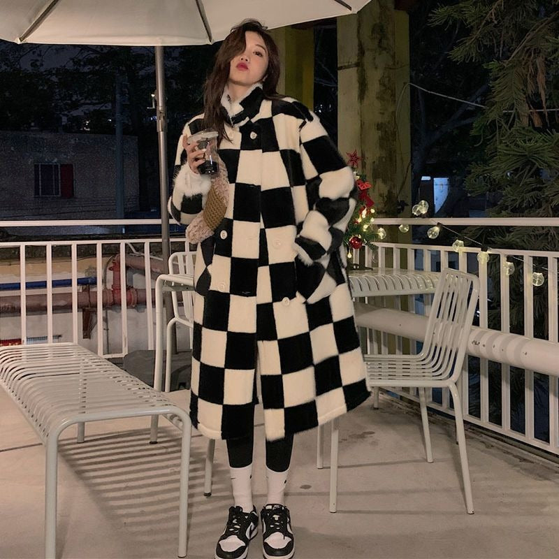 Plaid Harajuku Long Jacket for Women - Elegant Double Breasted