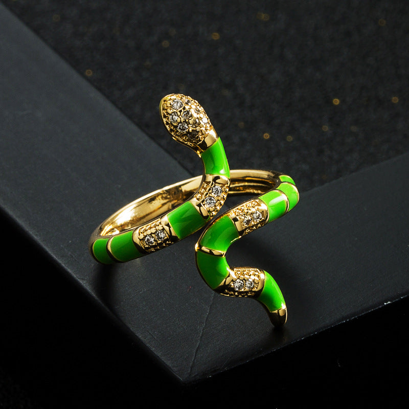 Harajuku Style Copper Gold Plated Zircon Drip Oil Snake Ring