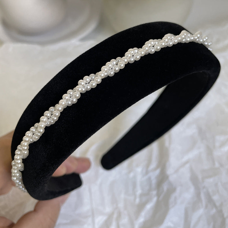High Quality French Retro Black Velvet Pearl Twist Braid Hairpin Headband