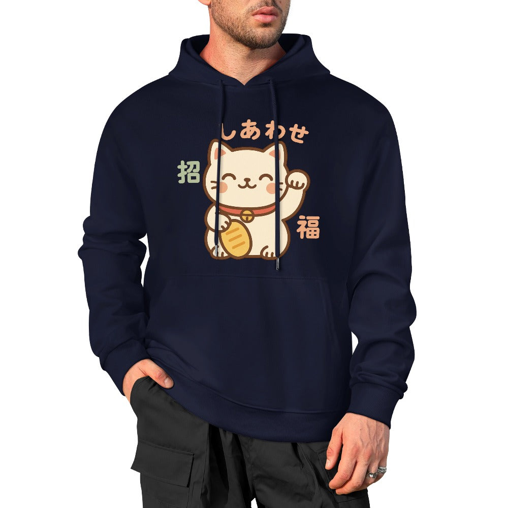 Lucky Cat Pure Cotton Hoodie - Navy Blue