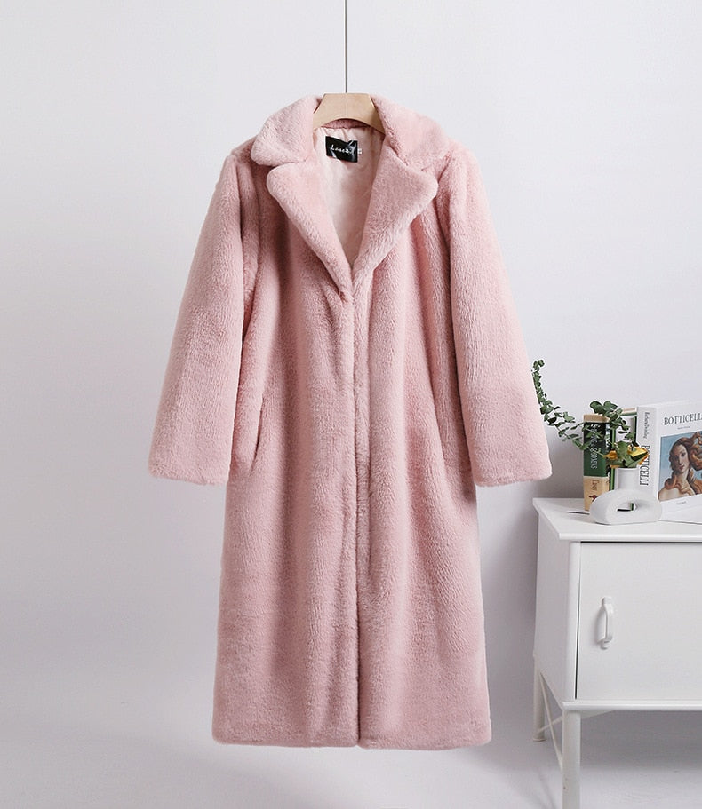 Mid-Length Mink Velvet Faux Fur Coat with Furry Collar