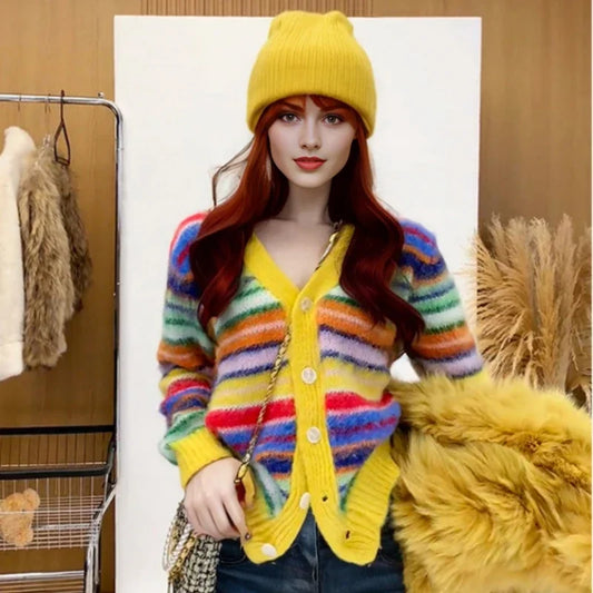 Rainbow Mohair Striped V-Neck Cardigan for Women