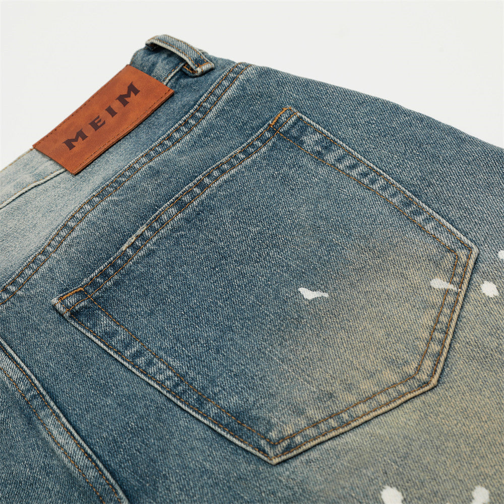 Heavy-Duty Splatter Paint Denim Three-Quarter Pants