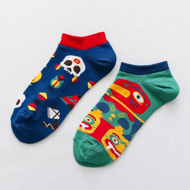 Playful Harajuku Men's Cotton Ankle Socks - Funny Animal & Fruit Designs