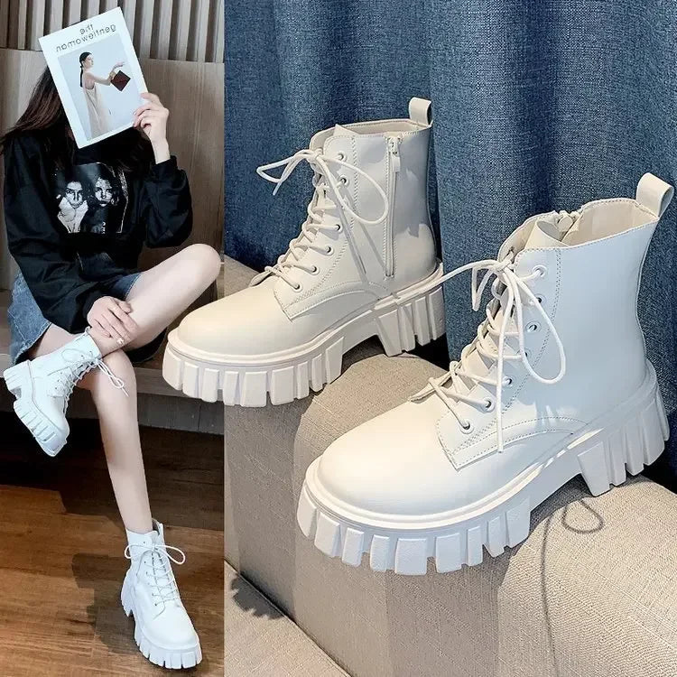 Playful Chunky Platform White Ankle Boots for Women