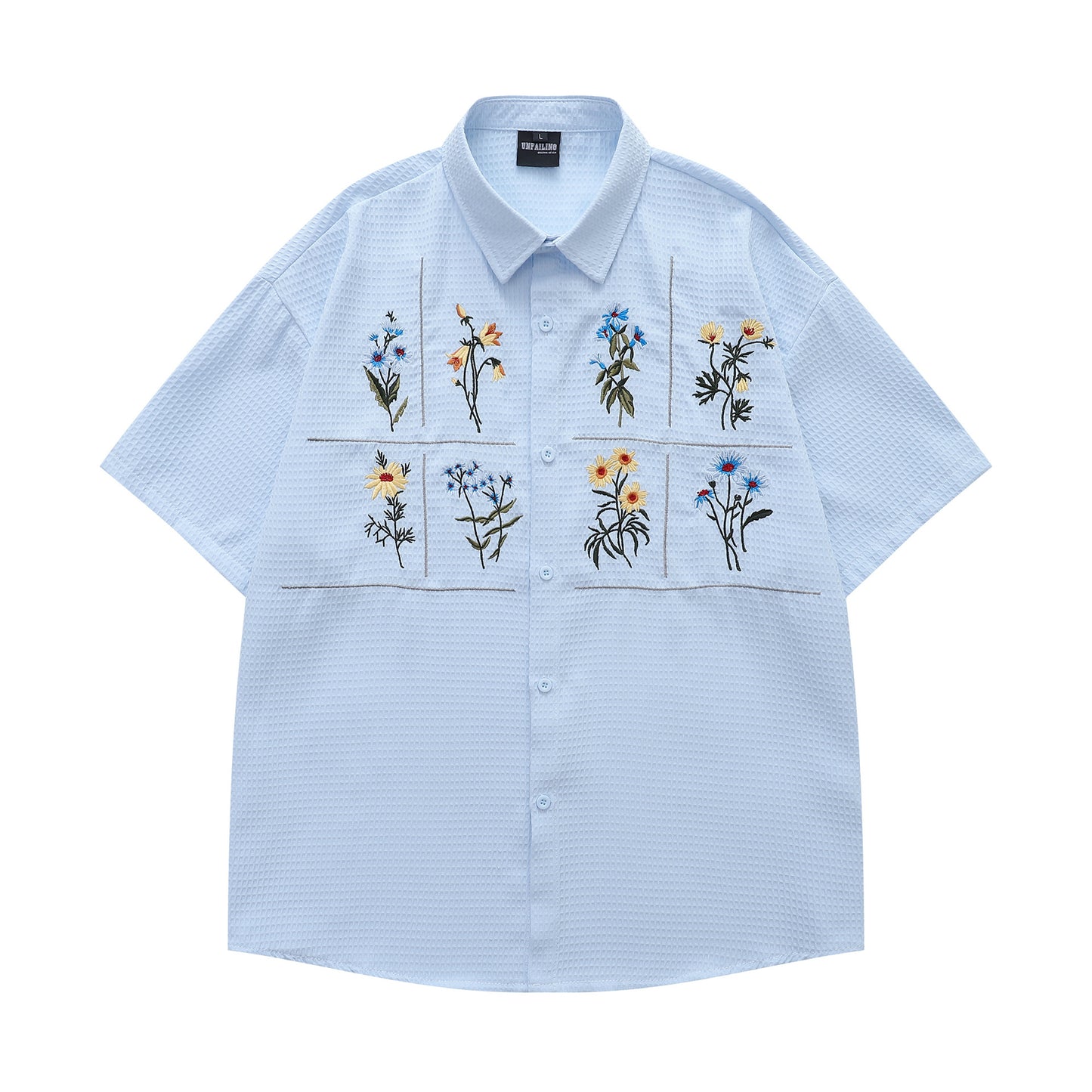 Floral Embroidery Waffle Short Sleeve Shirt