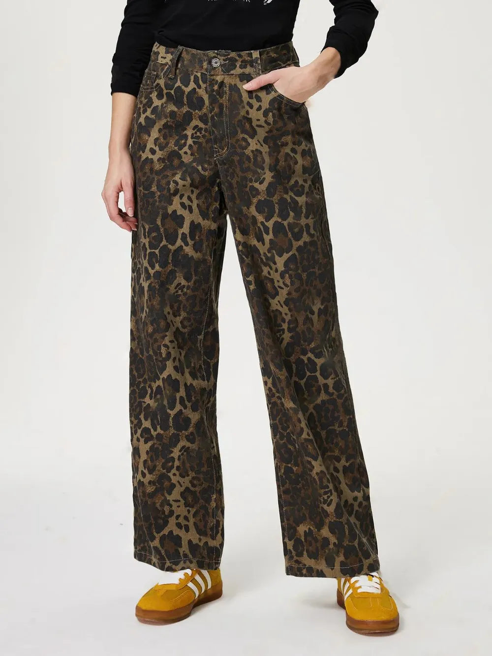Retro Leopard Print Straight Leg Denim Pants