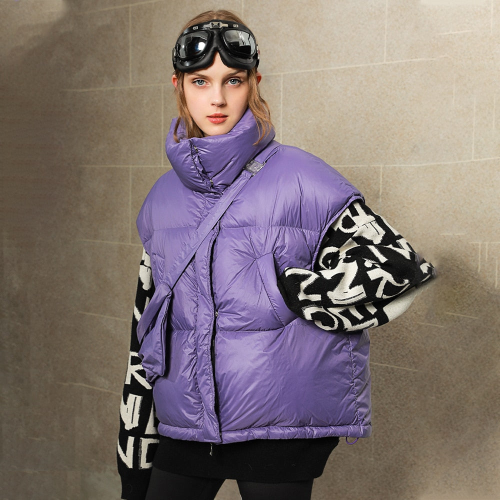 Harajuku Style Women's White Duck Down Coat with Waist Bag