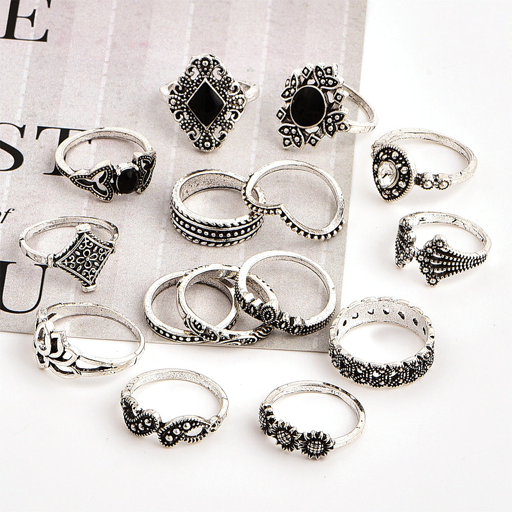 15 Pcs Bohemian Retro Crystal Flower & Leaf Silver Ring Set