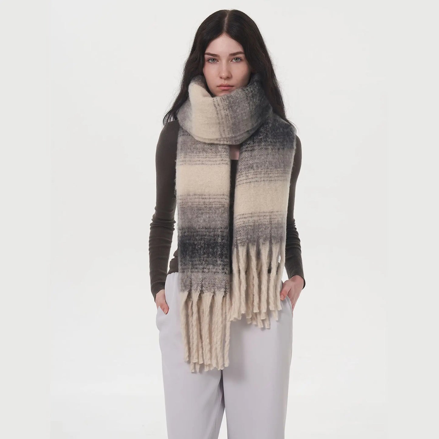 Gradient Color Block Cashmere Scarf with Tassels
