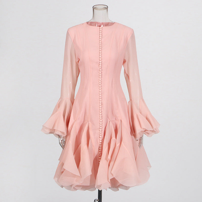 Harajuku Style Ruffled Mid-Length Dress with Trumpet Sleeves