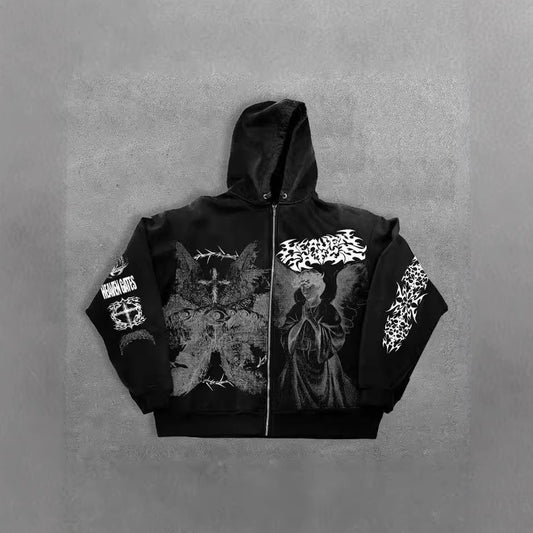 Angel Print Hooded Hoodie with Zipper Loose Fit Y2K