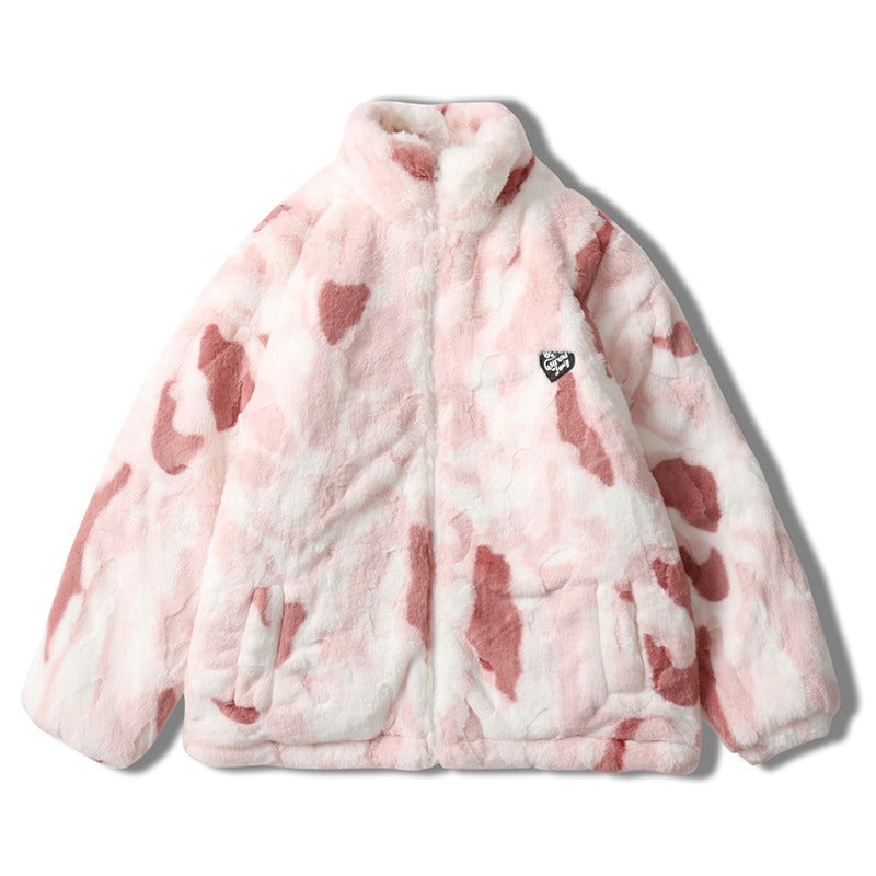 Trendy Tie Dye Stand Up Collar Plush Jacket