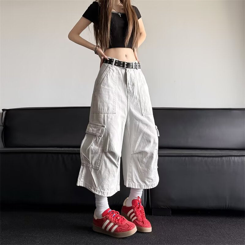 Multi Pocket Versatile Wide Leg Denim Shorts