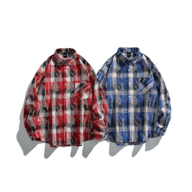 Harajuku Plaid Long Sleeved Loose Shirt for Men