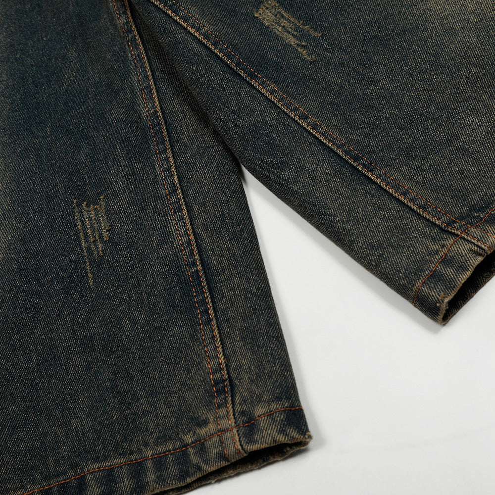 Retro Distressed Denim Three-Quarter Pants for Men