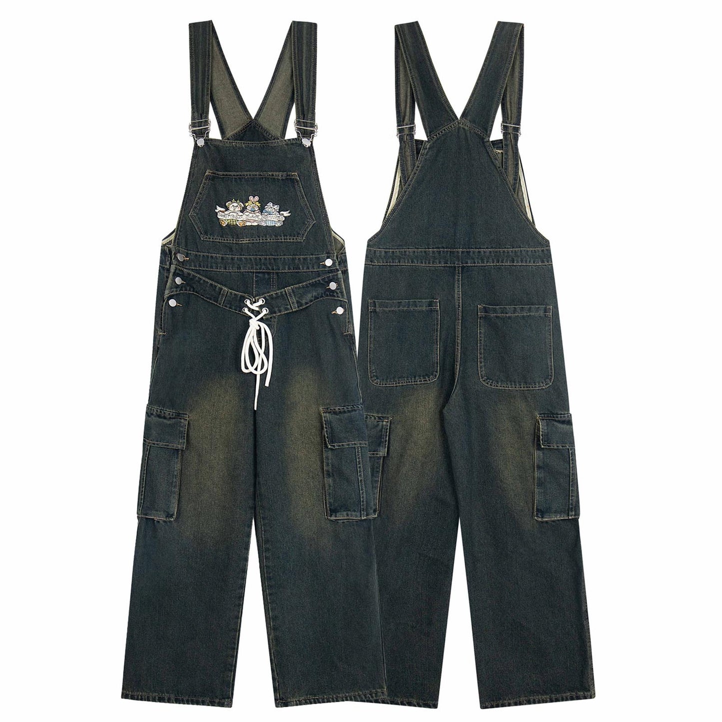 Harajuku Style Cartoon Embroidery Workwear Denim Overalls
