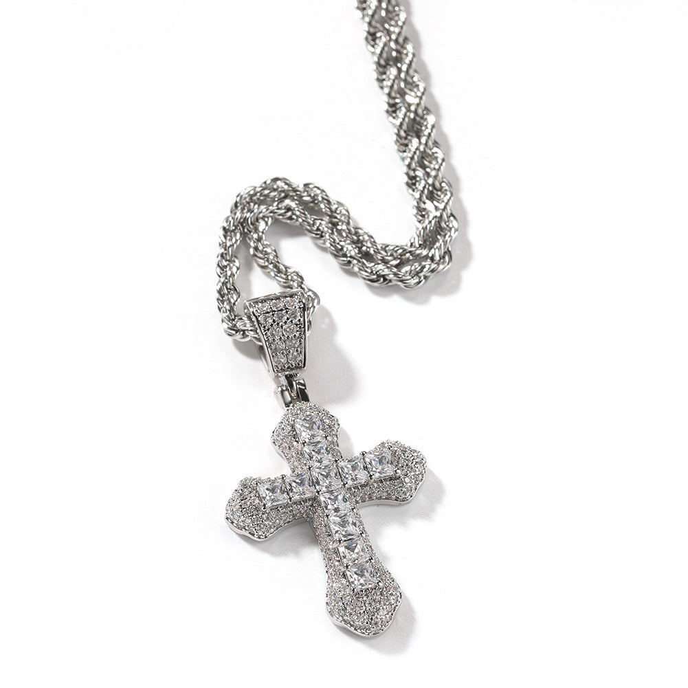 Hip Hop Blue Zircon Cross Necklace - Harajuku Style