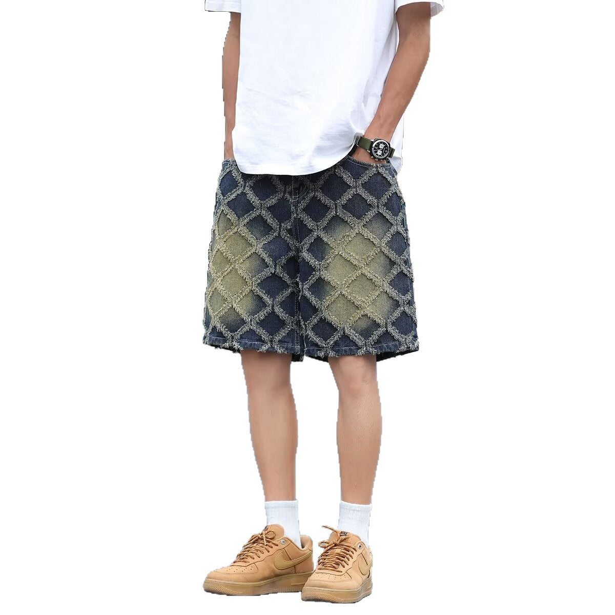 Wide Leg Washed Jacquard Loose Denim Shorts for Men