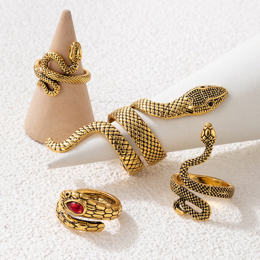 Playful Ruby Inlaid Snake Ring Set - Ancient Gold